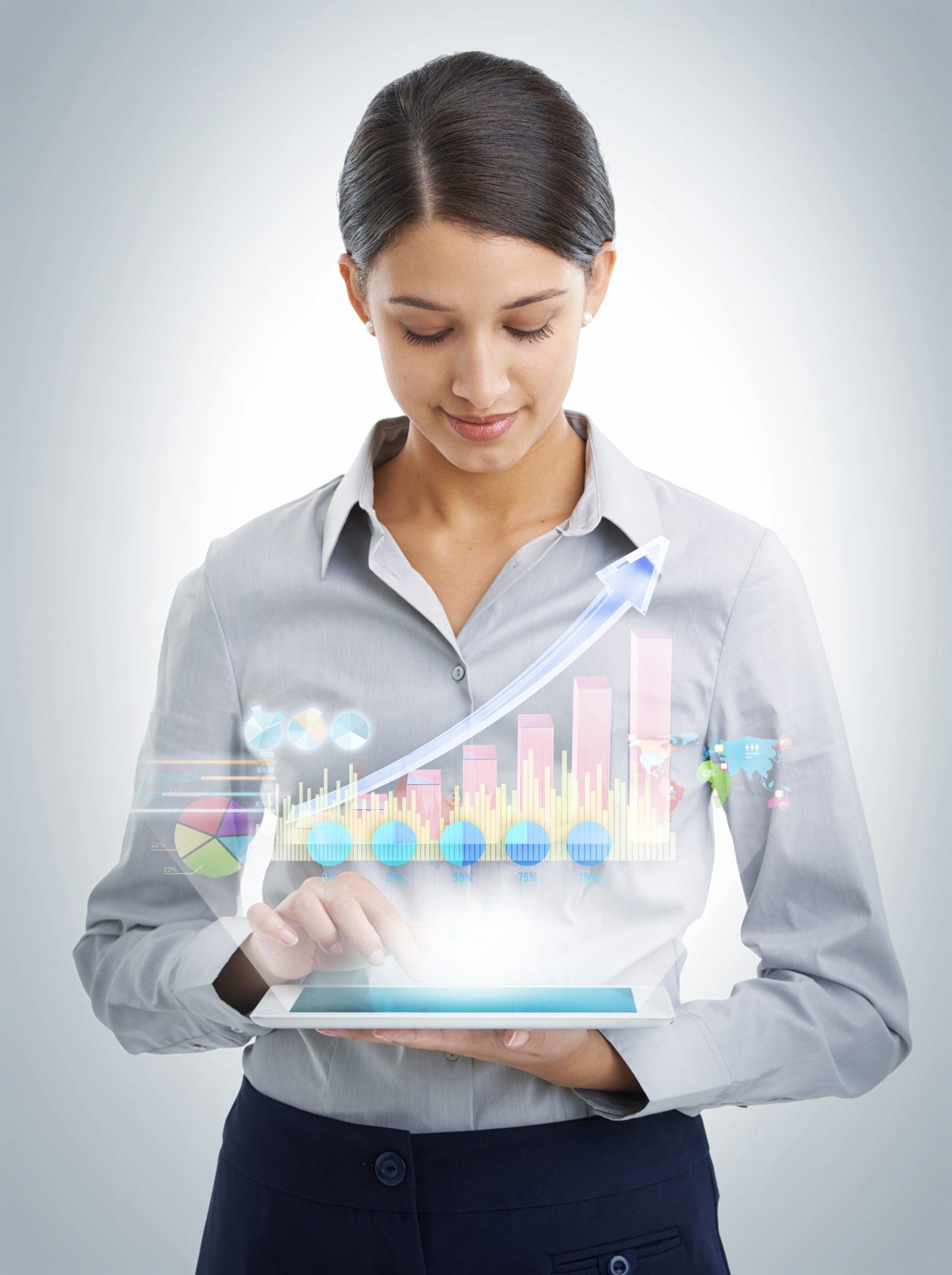 businesswoman-studio-tablet-with-graph-hologram-data-analytics-overlay-company-growth-accountant-touchscreen-statistics-info-charts-online-research-by-grey-background-scaled